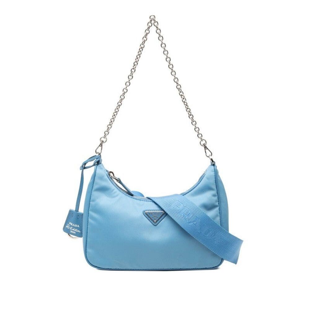 Prada Triangle Logo Plate Chain Shoulder Bag Blue
